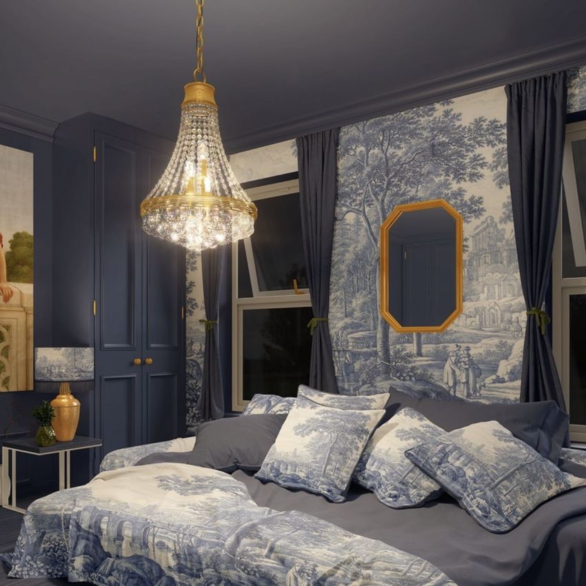 Luxury bedroom mockup featuring a bed with patterned bedding, matching wallpaper, dark blue walls, and a crystal chandelier.