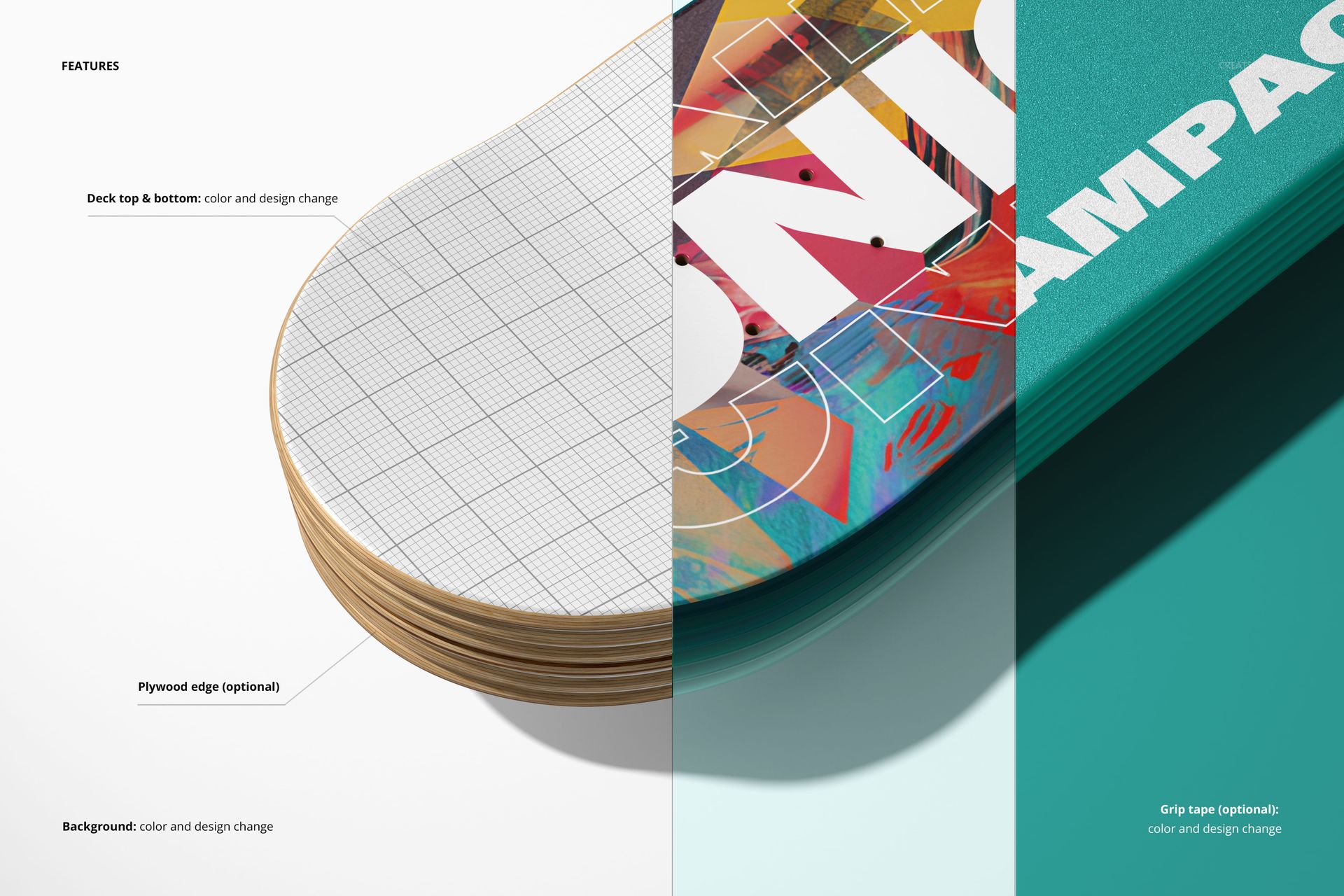 Split view of skateboard deck mockup showing top with grid pattern and bottom with colorful abstract design, side plywood edge visible.