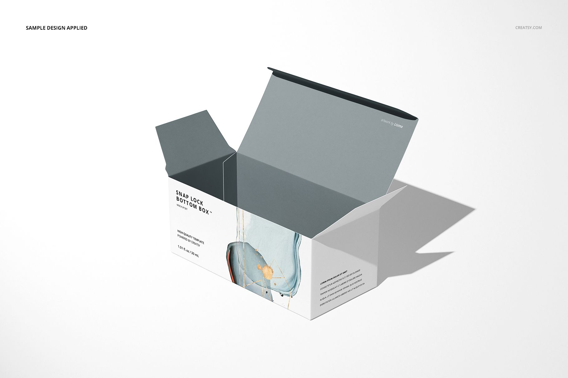 Open snap lock bottom box mockup with gray interior and artistic pattern on the exterior, angled view on a plain surface.