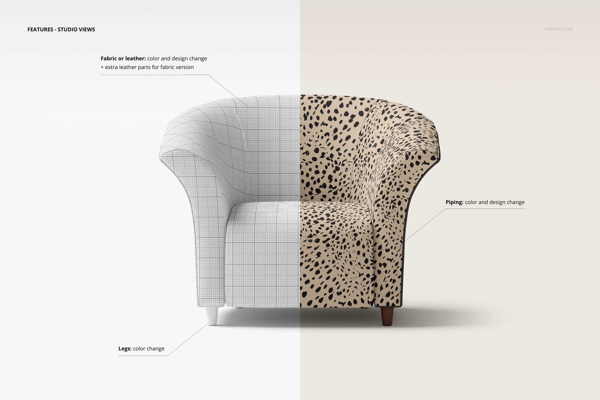 Tub armchair mockup shown in a split view, with left side in grid pattern and right side in beige with black spots, front angle.
