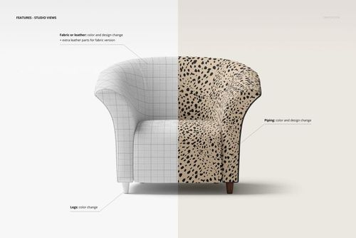 Tub armchair mockup shown in a split view, with left side in grid pattern and right side in beige with black spots, front angle.