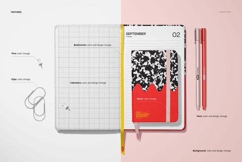 Top view of two open leather calendar mockups, featuring grid and composition-style pages with pens and clips.