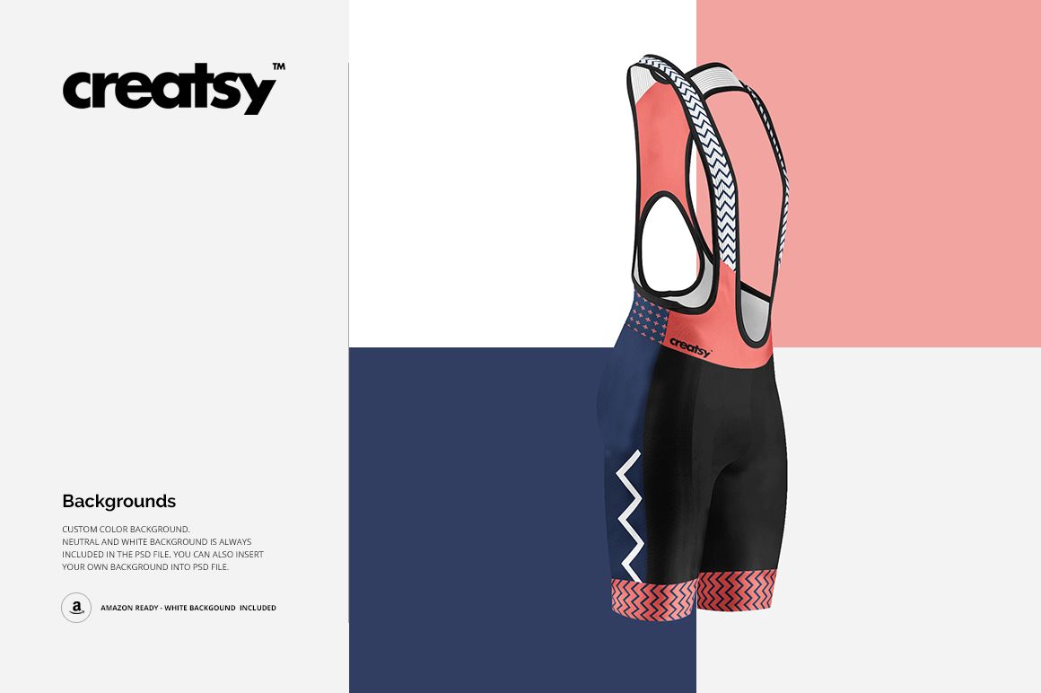 Sport bib shorts mockup shown from a rear angle, featuring black and coral panels with geometric patterns.