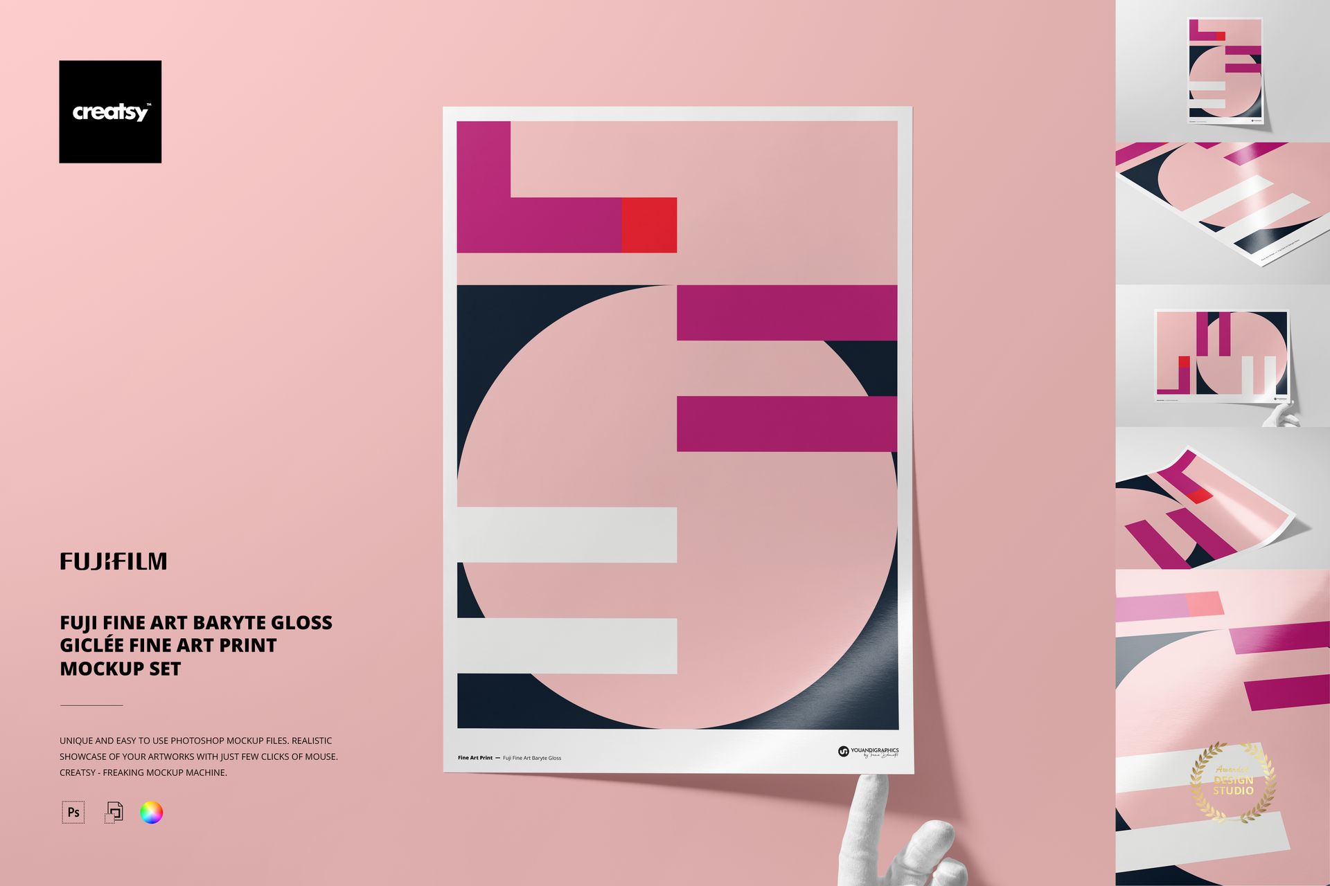 A3 fine art print mockup with abstract geometric design in pink, white, and black on a pastel pink background.