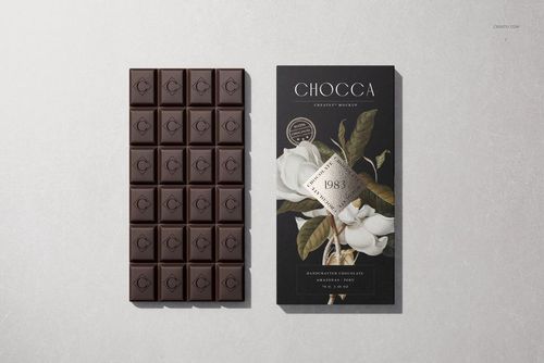 Chocolate bar mockup featuring a dark chocolate bar with square segments beside elegant botanical packaging design.