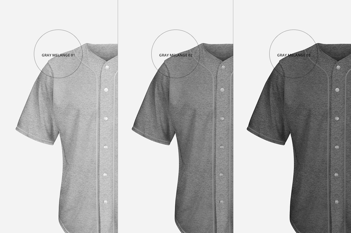 PSD mockup featuring a trio of gray baseball jerseys, each with subtle variations in shade, arranged vertically on white.