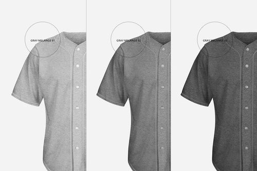 PSD mockup featuring a trio of gray baseball jerseys, each with subtle variations in shade, arranged vertically on white.