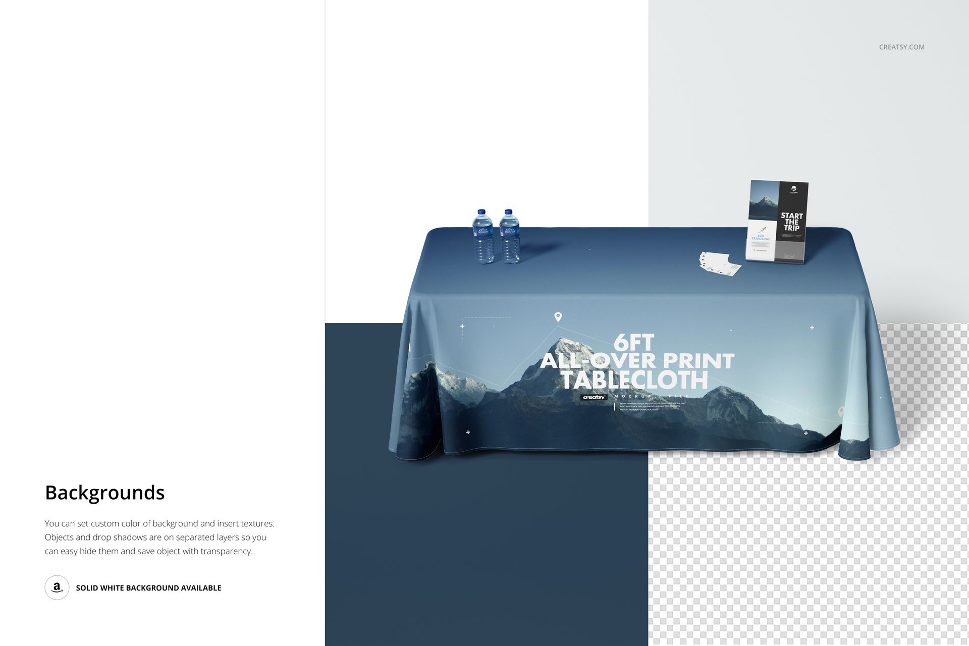 Front view of a rectangular 6ft polyester tablecloth mockup with a mountain print, displayed on a table with water bottles and brochures.