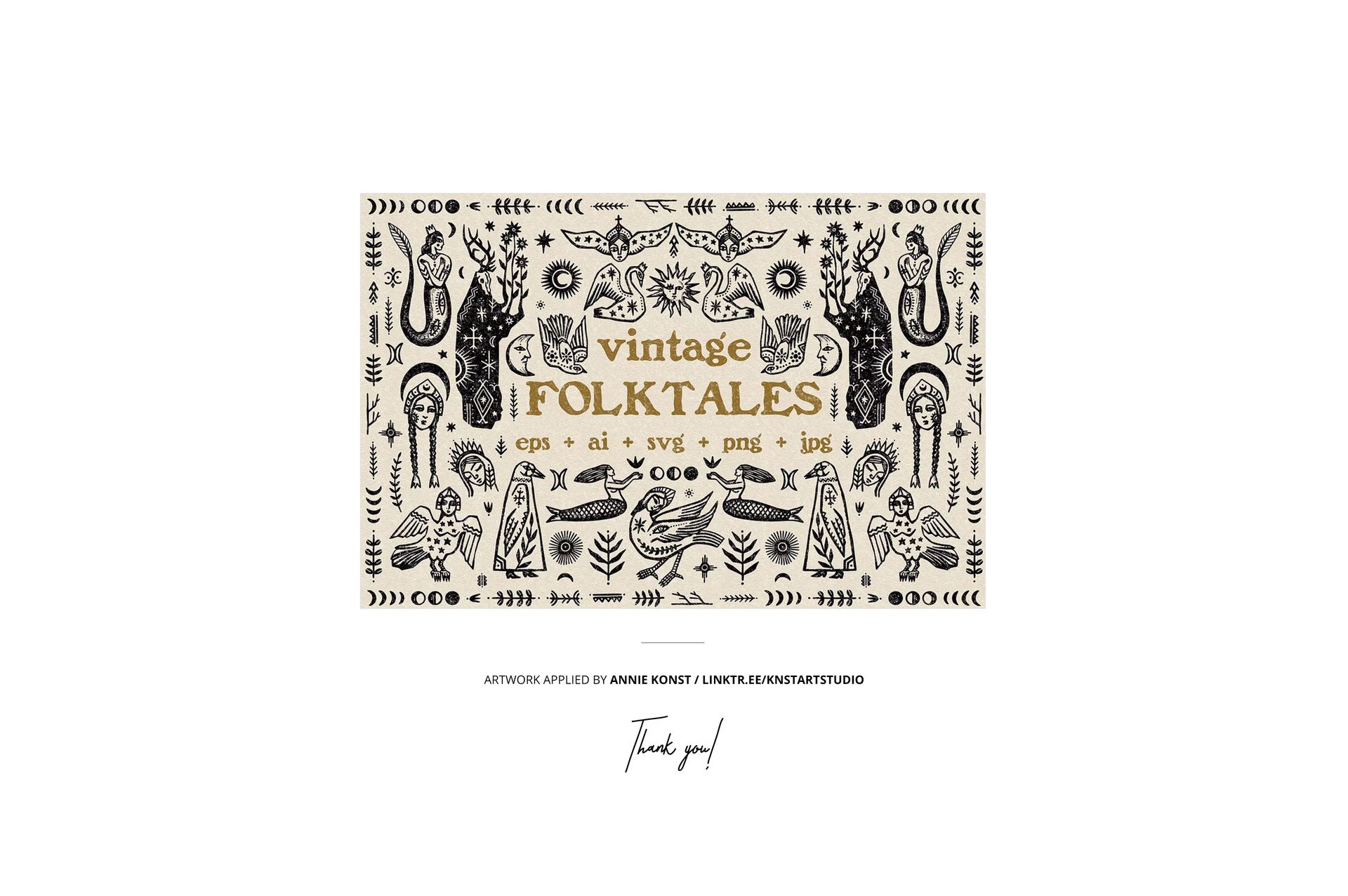 Vintage-style folk print mockup with intricate black designs, botanical elements, and woodland creatures on light paper.
