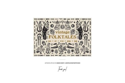 Vintage-style folk print mockup with intricate black designs, botanical elements, and woodland creatures on light paper.