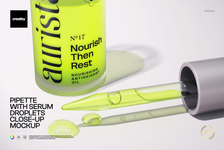 PSD mockup showing a pipette dispensing yellow serum droplets beside a clear cosmetics bottle in a minimal scene.