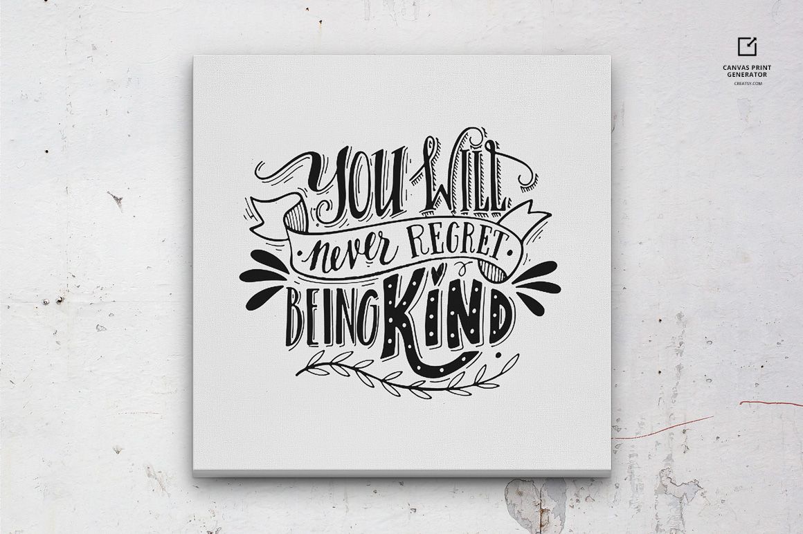 Front-facing canvas print mockup with black script typography on white, displayed on a light, slightly worn wall surface.