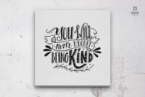 Front-facing canvas print mockup with black script typography on white, displayed on a light, slightly worn wall surface.