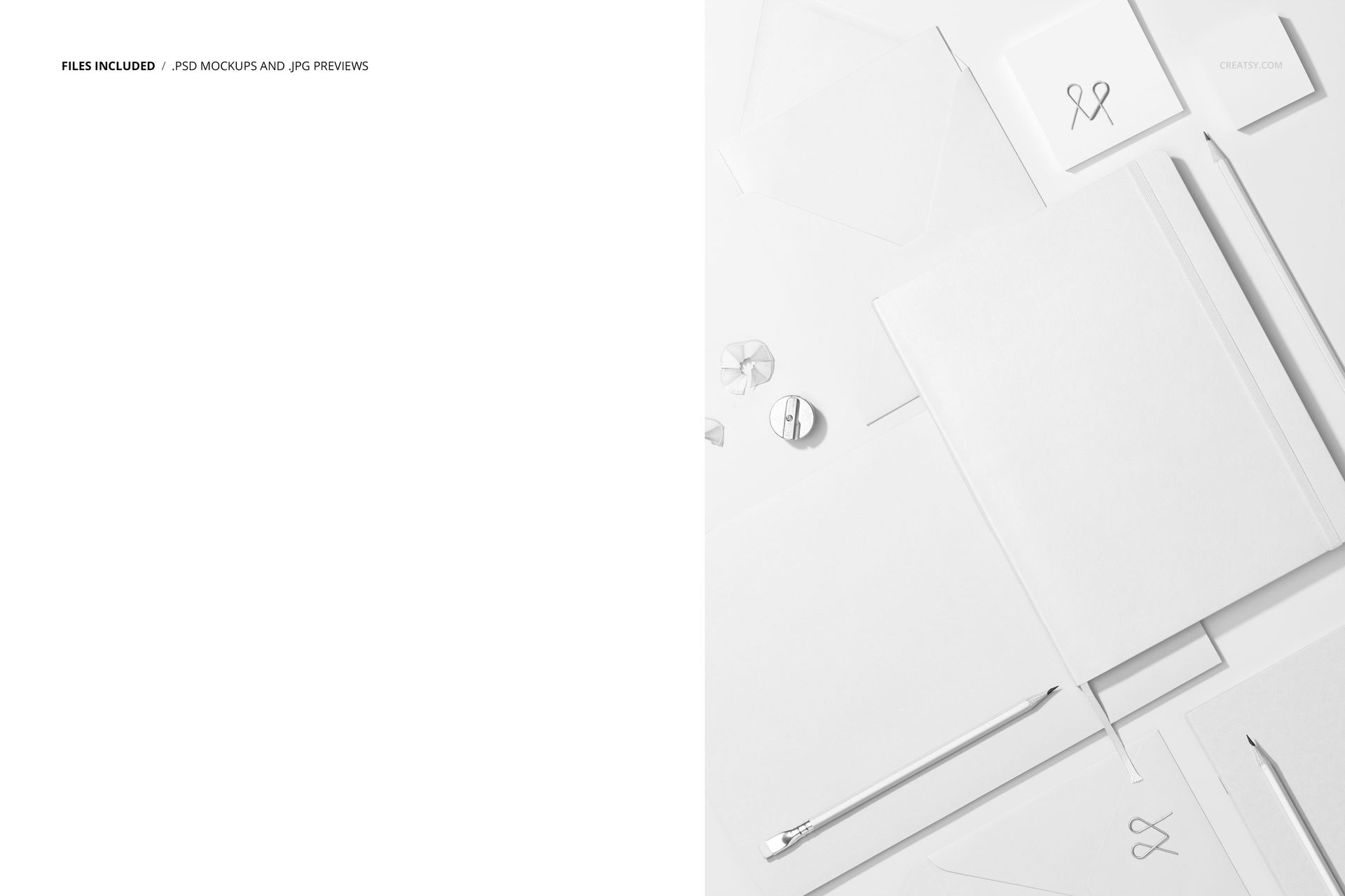Top view of a stationery set mockup featuring a planner, notebooks, envelopes, and pens arranged on a white surface.