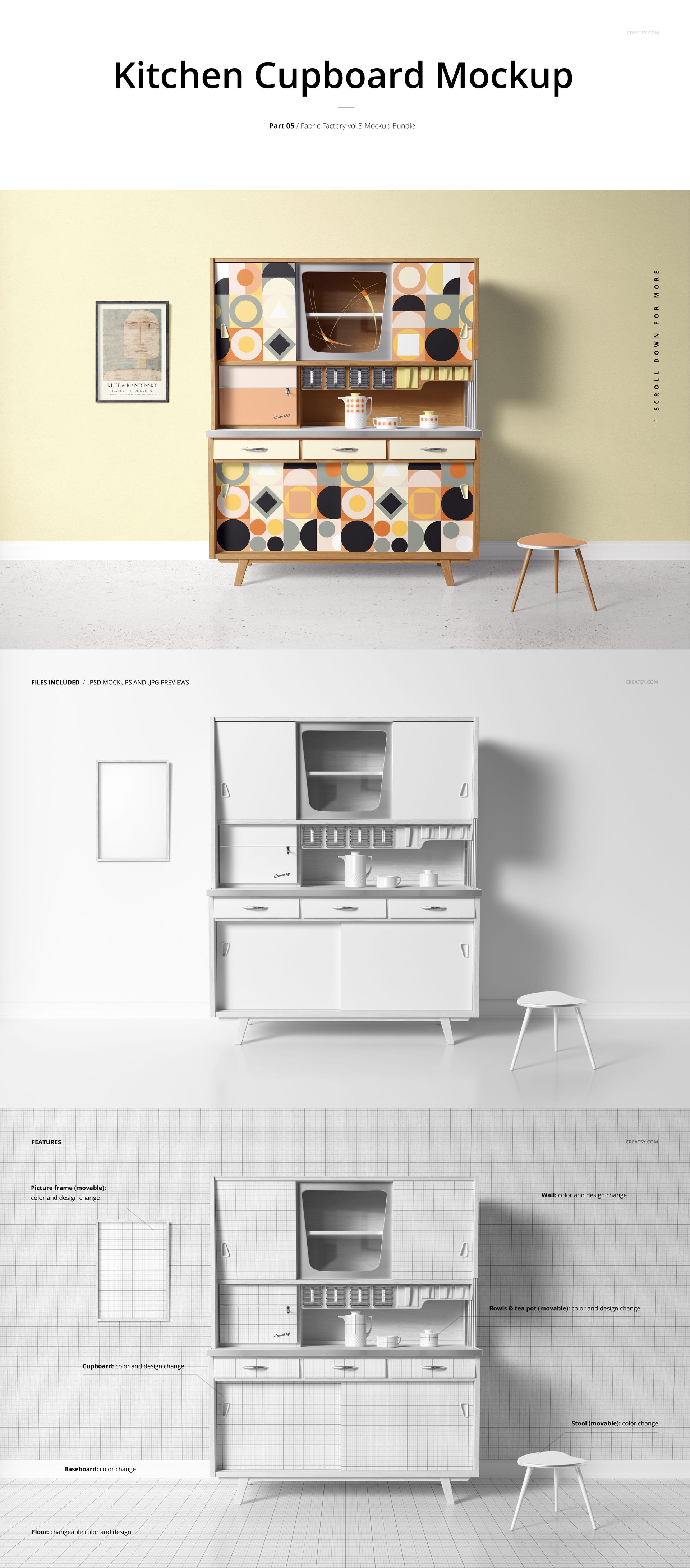 Kitchen cupboard mockup featuring retro geometric upholstery on doors, with a stool and framed artwork nearby.