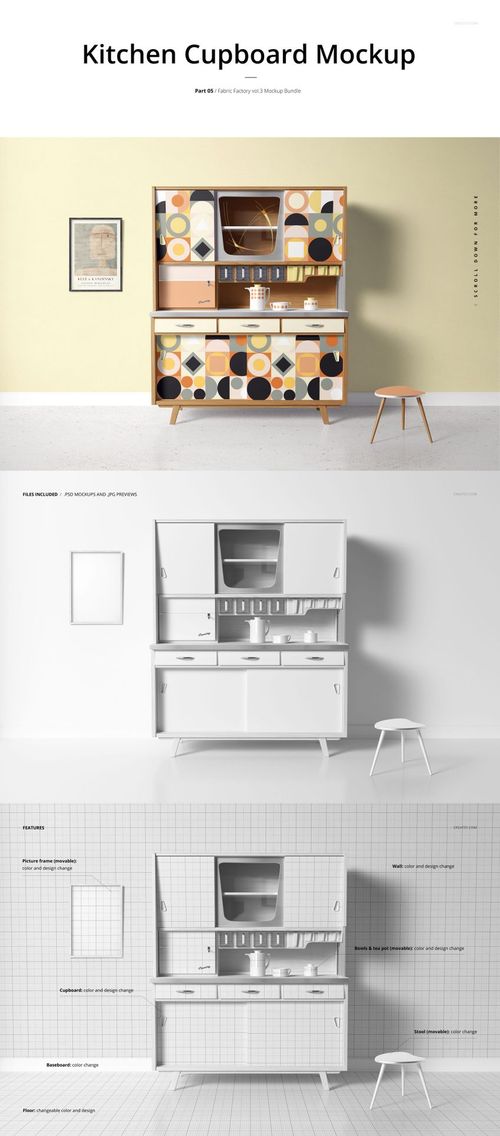 Kitchen cupboard mockup featuring retro geometric upholstery on doors, with a stool and framed artwork nearby.