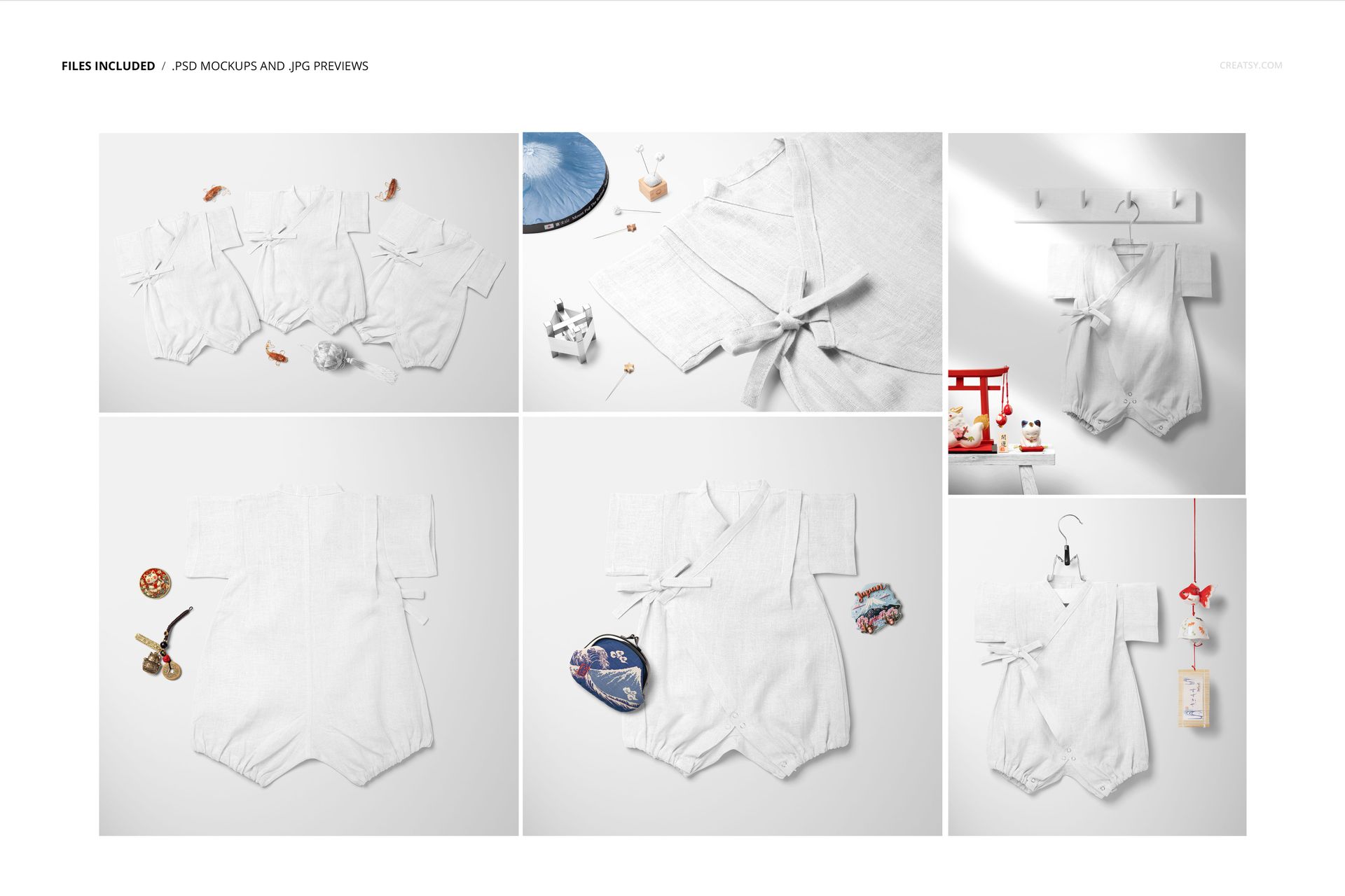 Japanese style baby romper mockup set featuring white rompers displayed in various arrangements with traditional props.