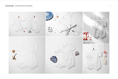 Japanese style baby romper mockup set featuring white rompers displayed in various arrangements with traditional props.