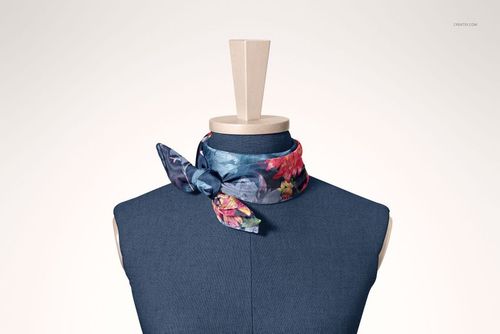 Habotai silk scarf mockup displayed on a mannequin, featuring vibrant floral prints and hand-rolled edges.