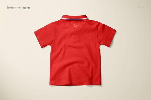 Red kids polo shirt mockup shown from the back on a light beige background, displaying collar and short sleeves.