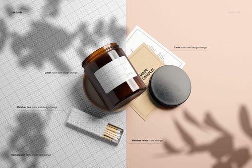 PSD mockup featuring an amber jar candle, matches, and stationery on a divided grid and beige background.