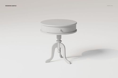 Round vintage style bedside table in white, featuring a single drawer and three curved legs, front view on plain background.