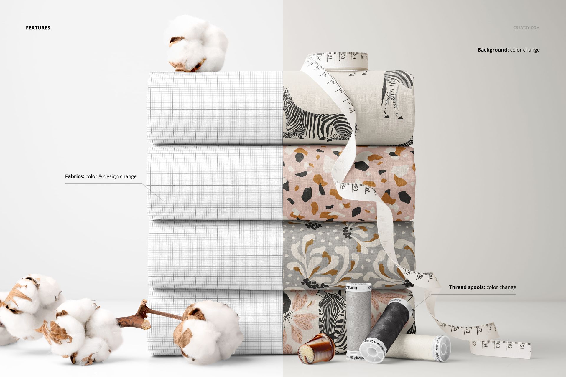 PSD mockup featuring four folded cotton fabrics with assorted designs, sewing accessories, and a neutral background.