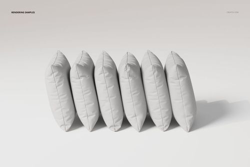 Front view of six velvet cushions arranged side by side on a light background, showcasing soft texture and neutral color.