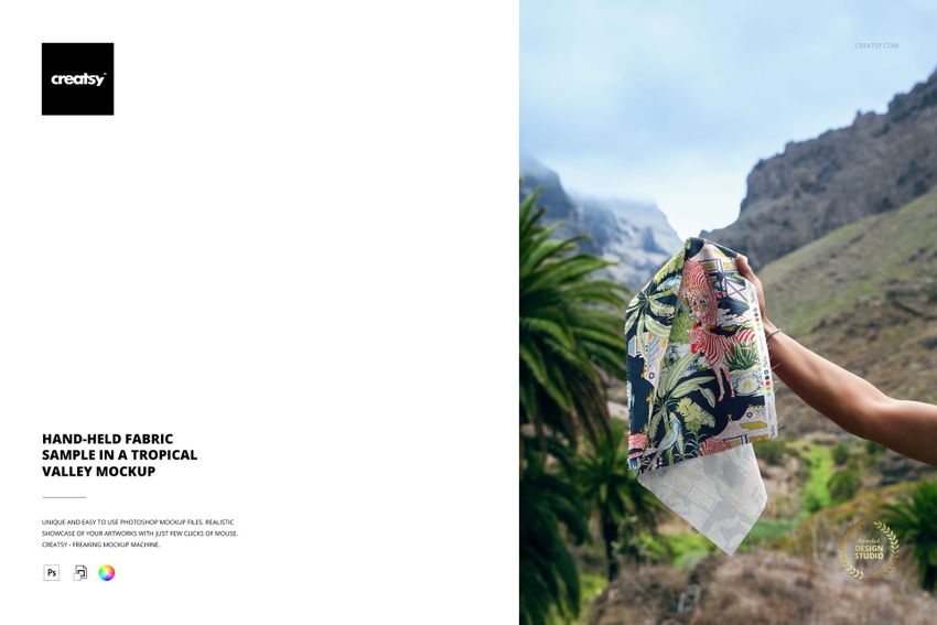 Hand-Held Fabric Sample in a Tropical Valley Mockup - mockup screenshot 1