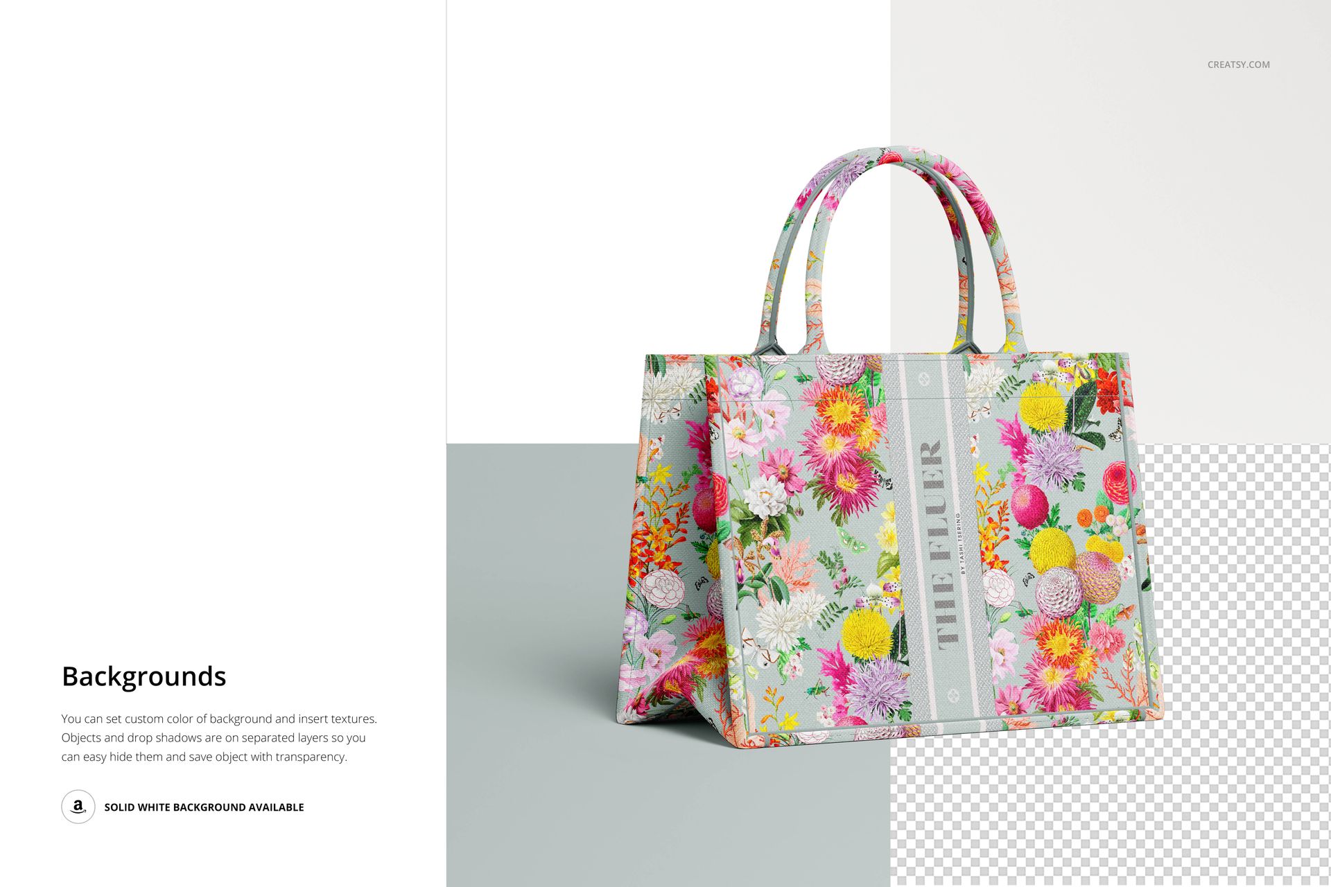 Front view of a canvas tote bag mockup with colorful floral pattern, placed on a split white and gray background.