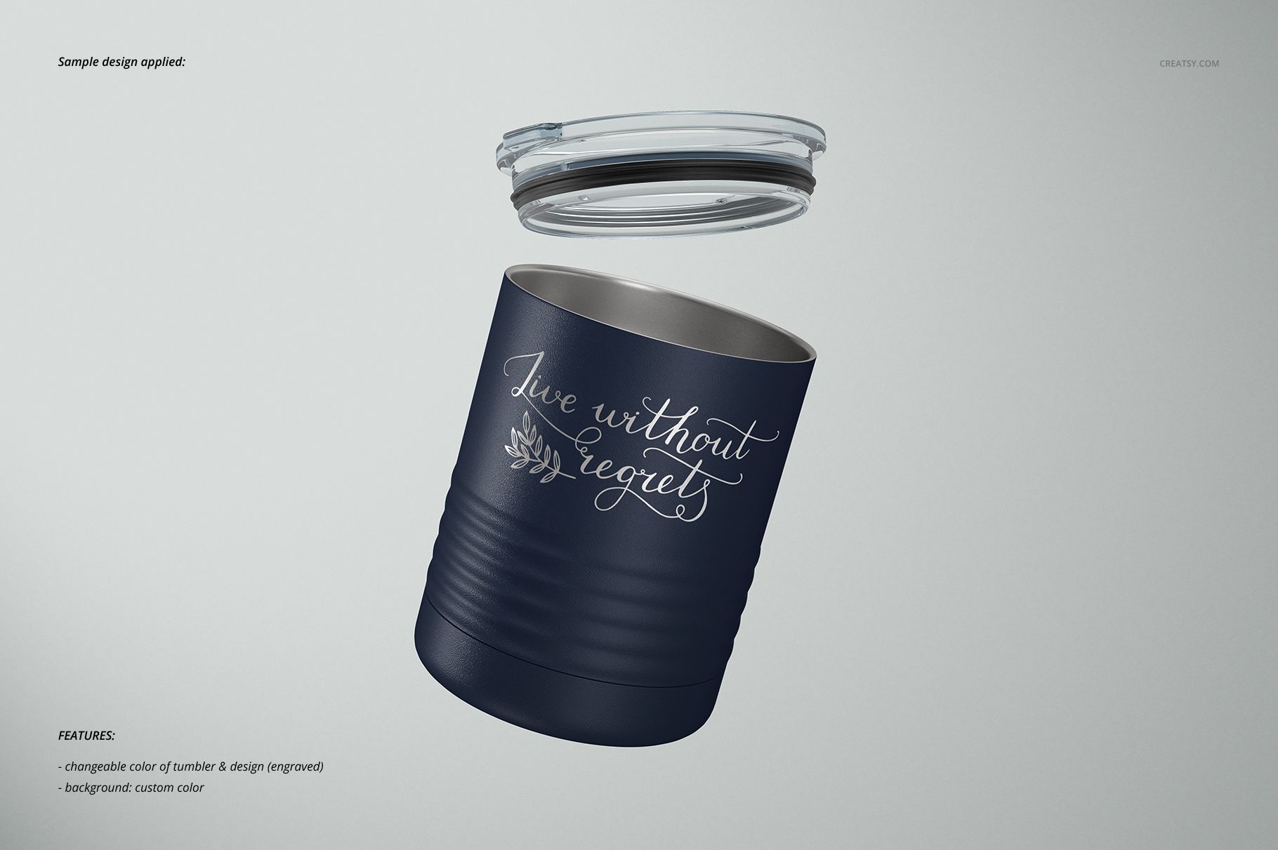 Ringneck 10 oz tumbler mockup with powder coated navy finish and engraved white text, lid separated above tumbler.