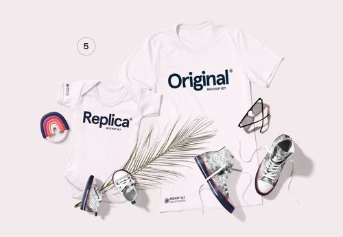 White family apparel mockup set featuring a t-shirt and onesie laid flat with shoes, glasses, and a rainbow prop.