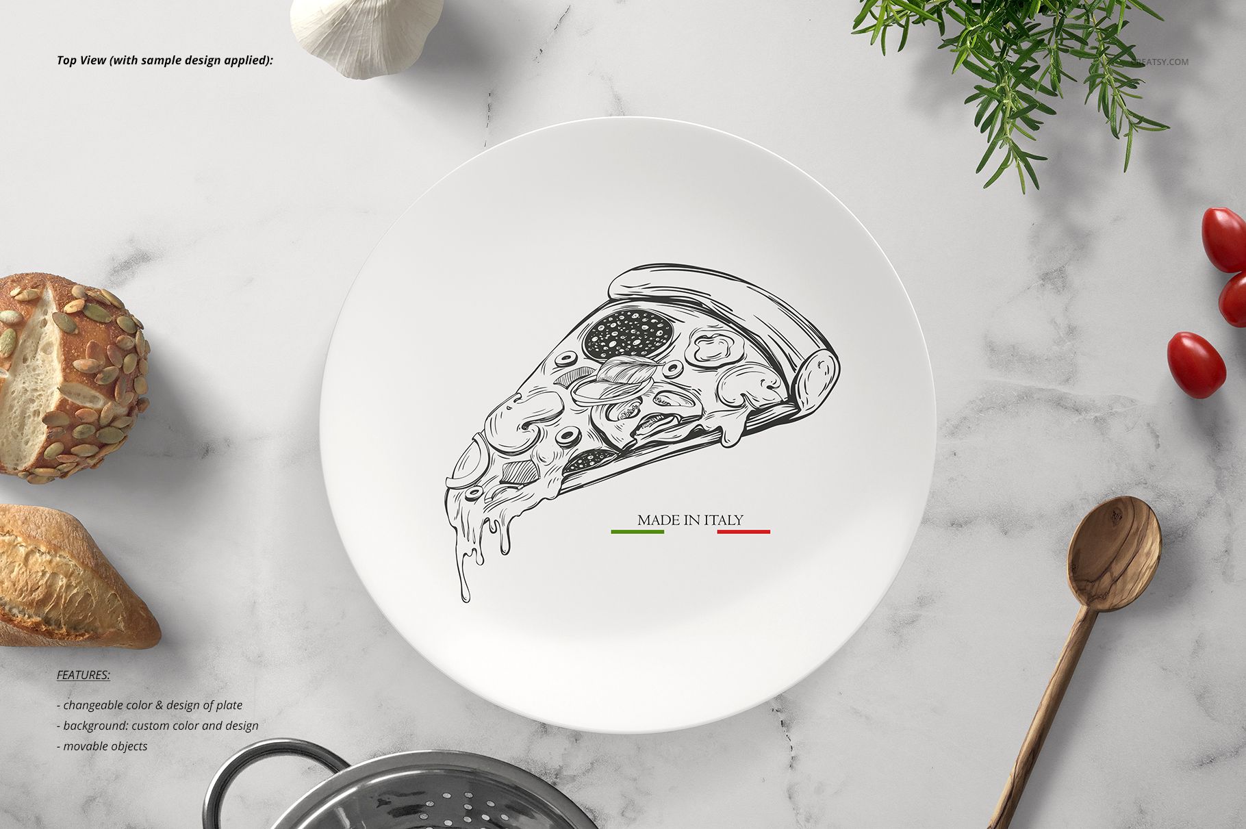 Round white plate mockup with a pizza slice illustration and text, surrounded by bread, tomatoes, and kitchen props.