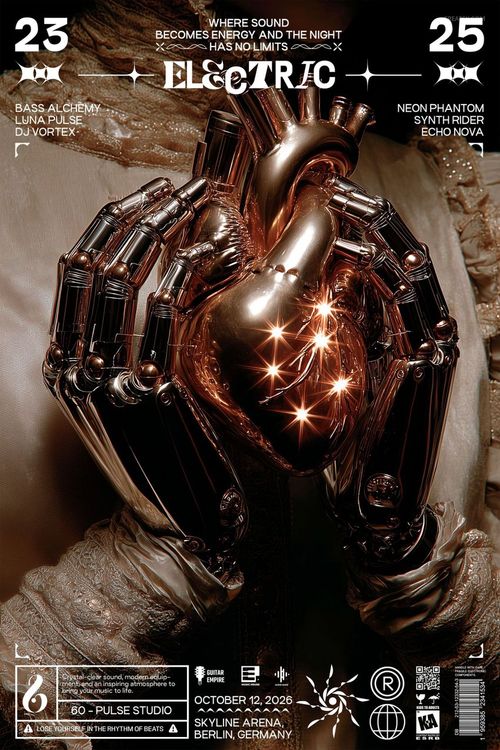 Iron Heart Desire poster mockup showing a close-up of a shiny mechanical heart surrounded by hands, with bold typography.