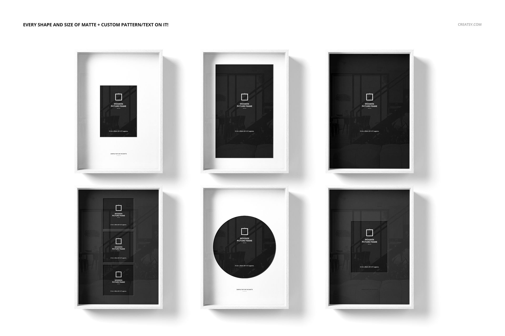 PSD mockup showing six white wooden picture frames in different formats, presented in a grid layout on a light background.