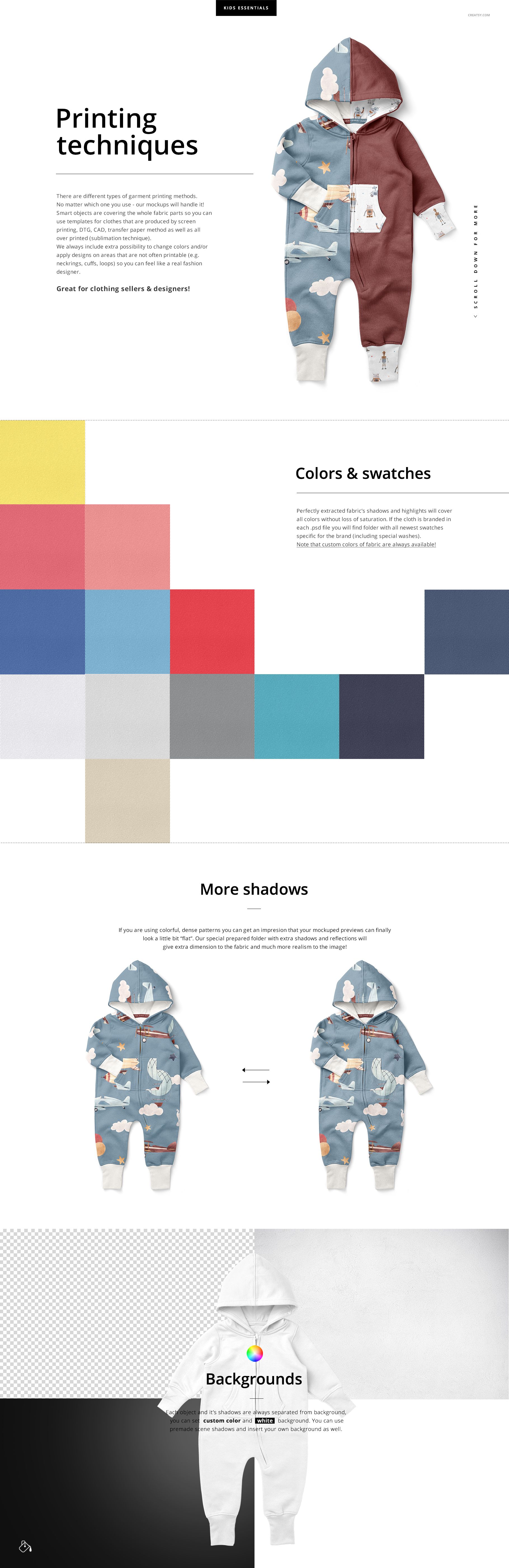 Front view of baby toddler fleece onesie mockup set showing two hooded onesies with animal patterns and solid colors.