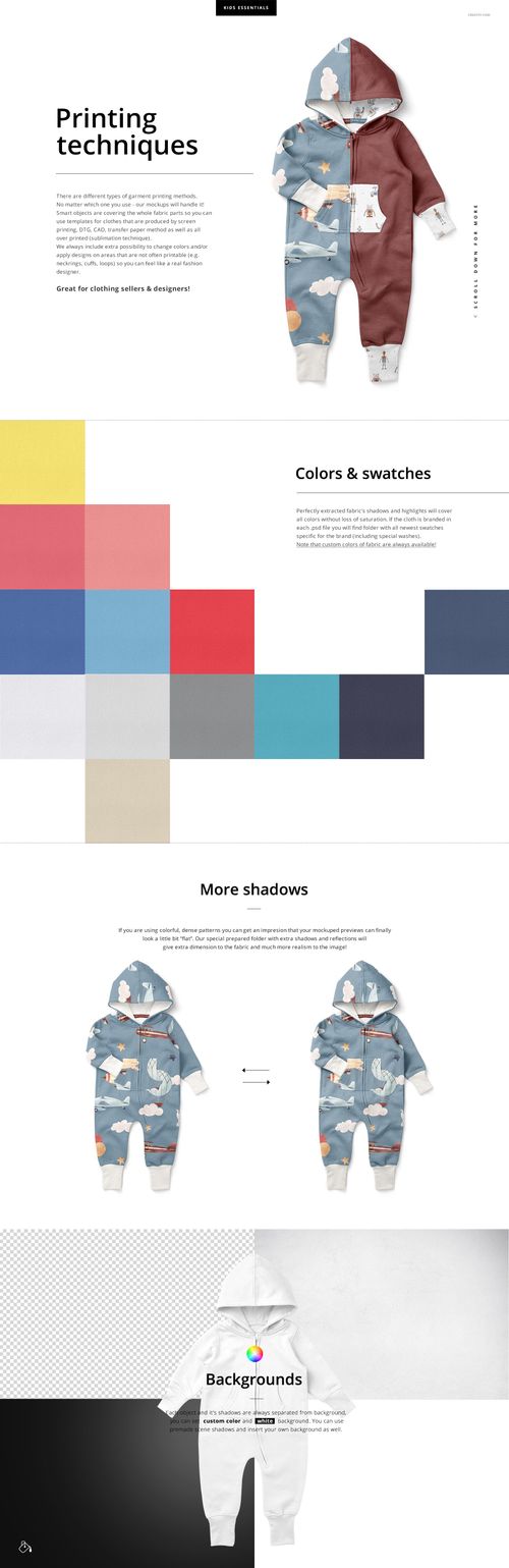 Front view of baby toddler fleece onesie mockup set showing two hooded onesies with animal patterns and solid colors.