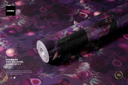 PSD mockup of a non-woven vinyl wallpaper roll with a rich purple botanical pattern, shown on a coordinating wallpaper backdrop.