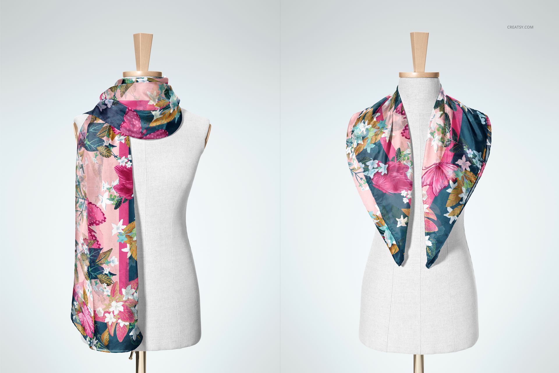 Floral-patterned habotai silk scarf displayed on a mannequin, featuring pink and green tones in a PSD mockup.