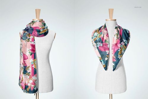 Floral-patterned habotai silk scarf displayed on a mannequin, featuring pink and green tones in a PSD mockup.