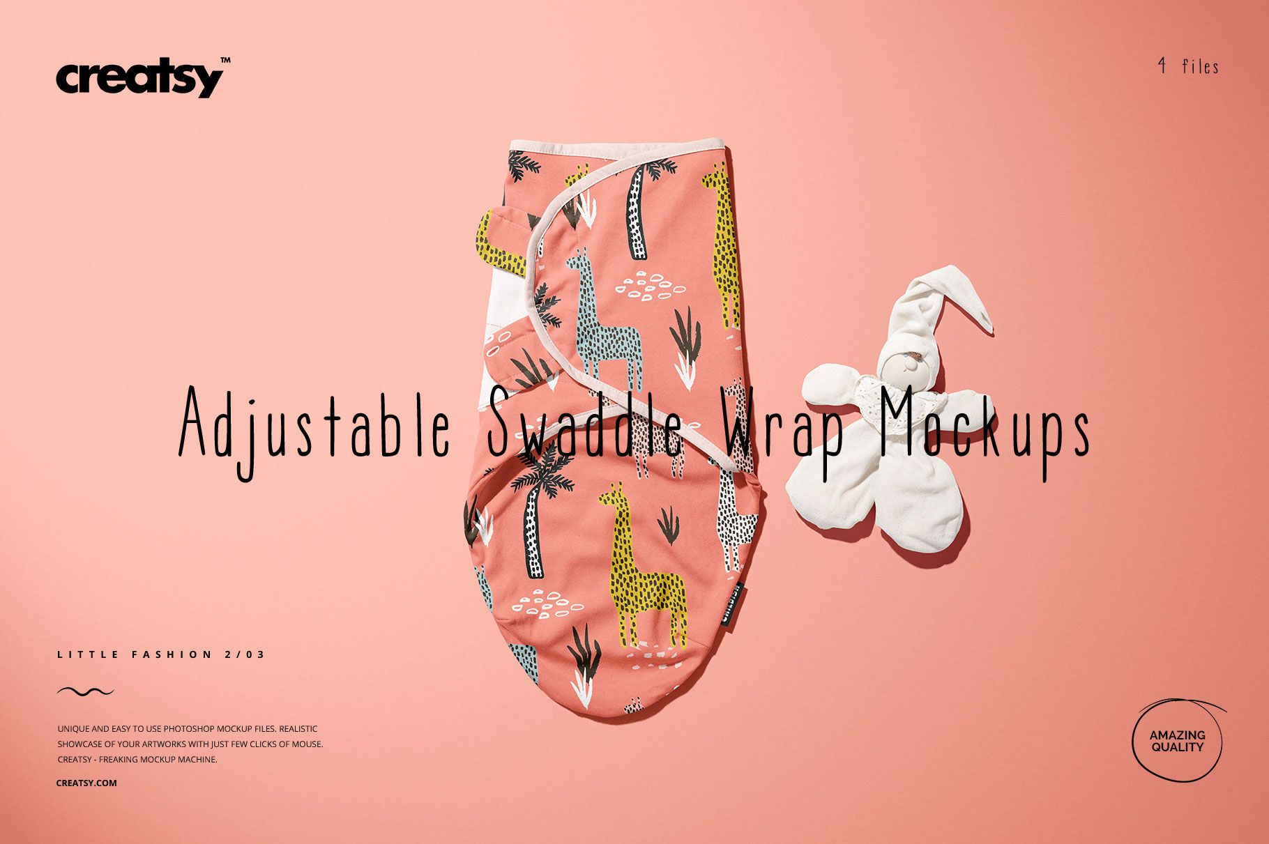 Adjustable baby swaddle wrap mockup displayed flat, featuring colorful giraffe and tree designs, with a soft bunny toy beside it.