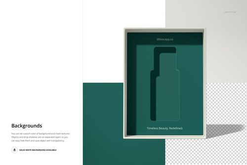 Top view of a rectangular box insert tray mockup with a green interior and bottle-shaped cutout, set on a split color background.