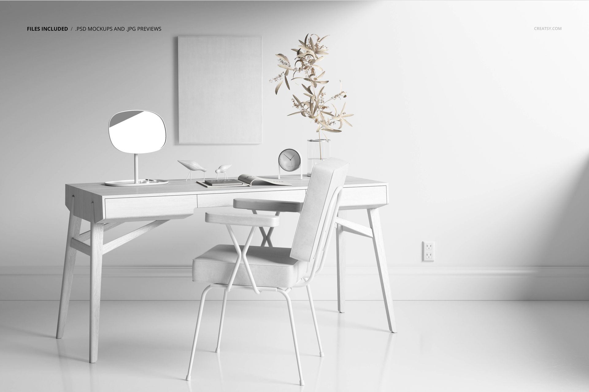 Contemporary workspace mockup showing a sleek desk, matching chair, tabletop accessories, and a framed canvas.