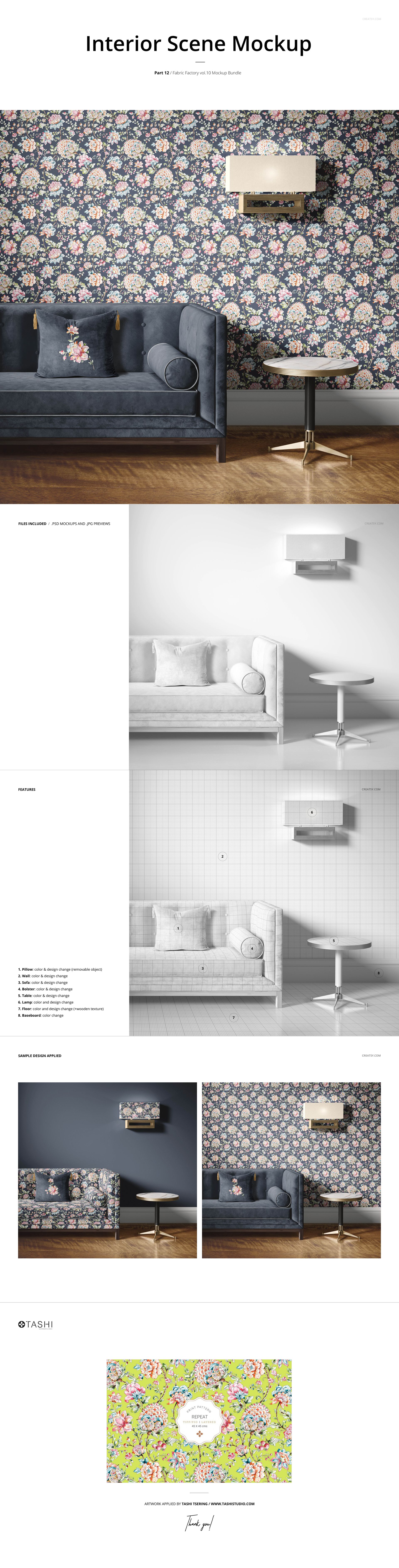 Living room scene with a blue sofa, floral patterned wallpaper, and a gold floor lamp shown in a PSD mockup.