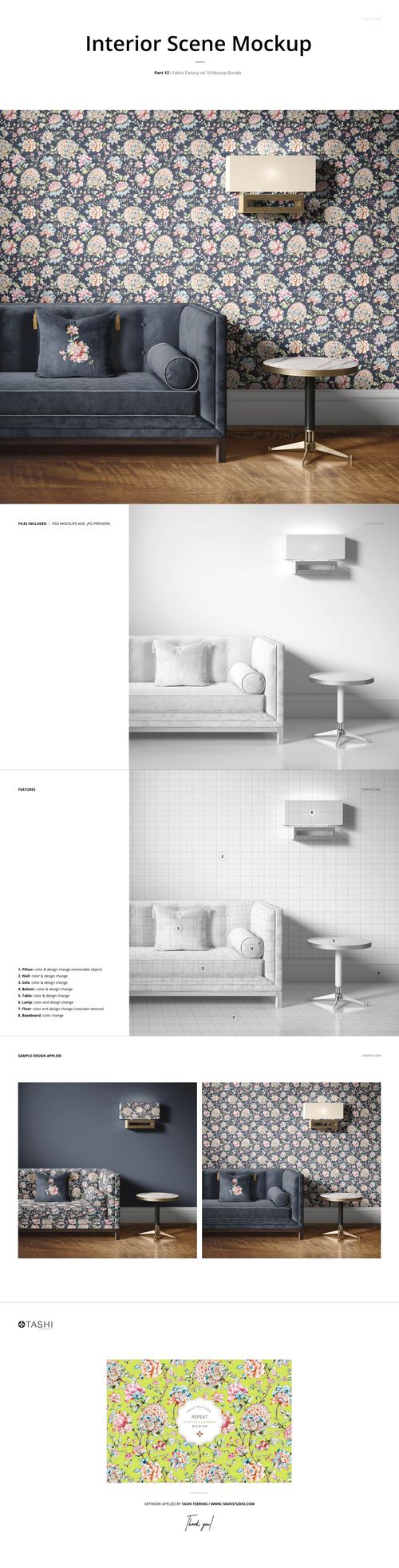 Living room scene with a blue sofa, floral patterned wallpaper, and a gold floor lamp shown in a PSD mockup.