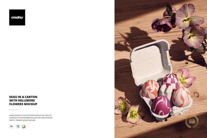 PSD mockup featuring patterned Easter eggs in a paper carton, with hellebore flowers arranged beside them in natural light.
