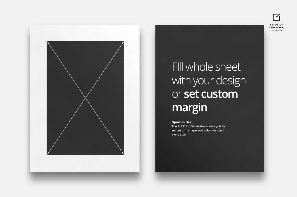 Front view of two art print mockup sheets on a light background, one with a blank print area and one with text instructions.