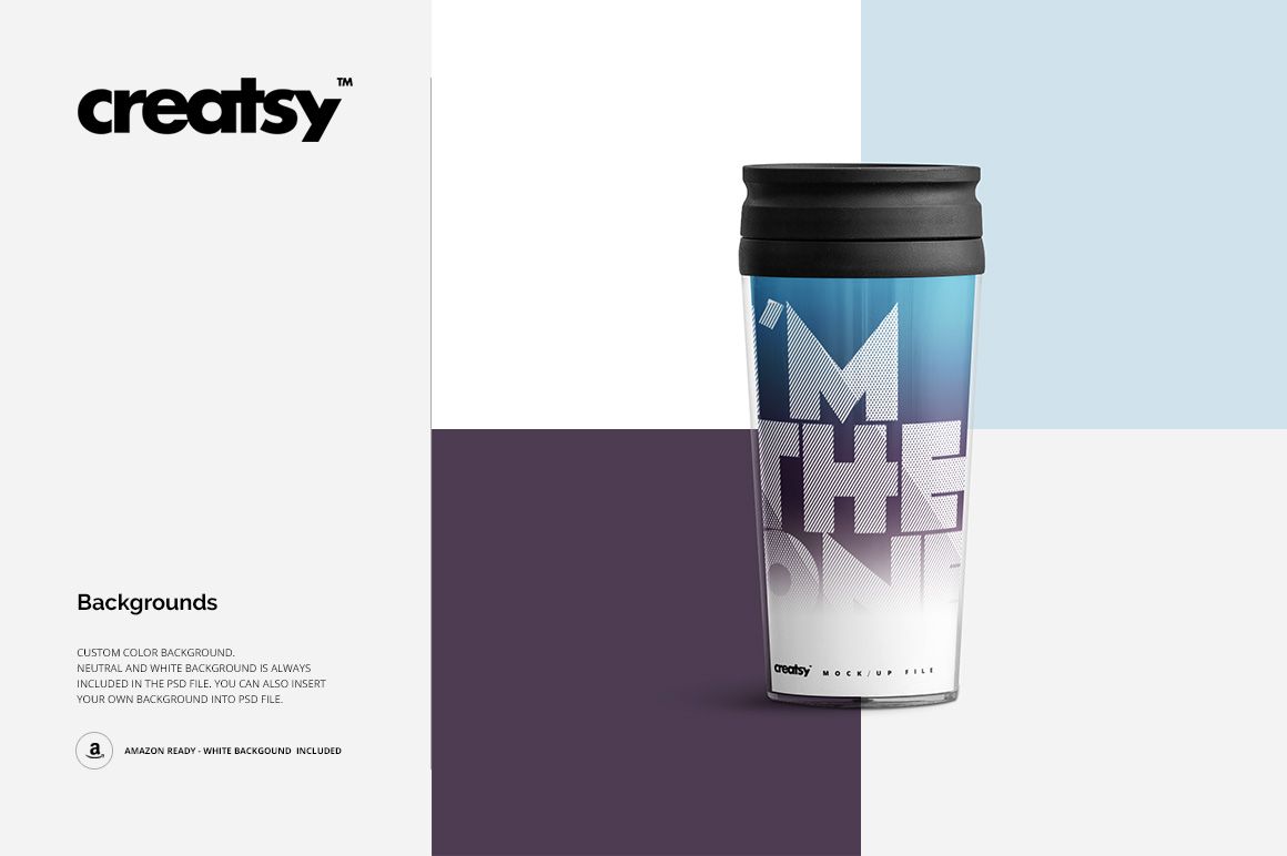 Front view of a travel mug mockup with a black lid, blue gradient background, and large white text design.