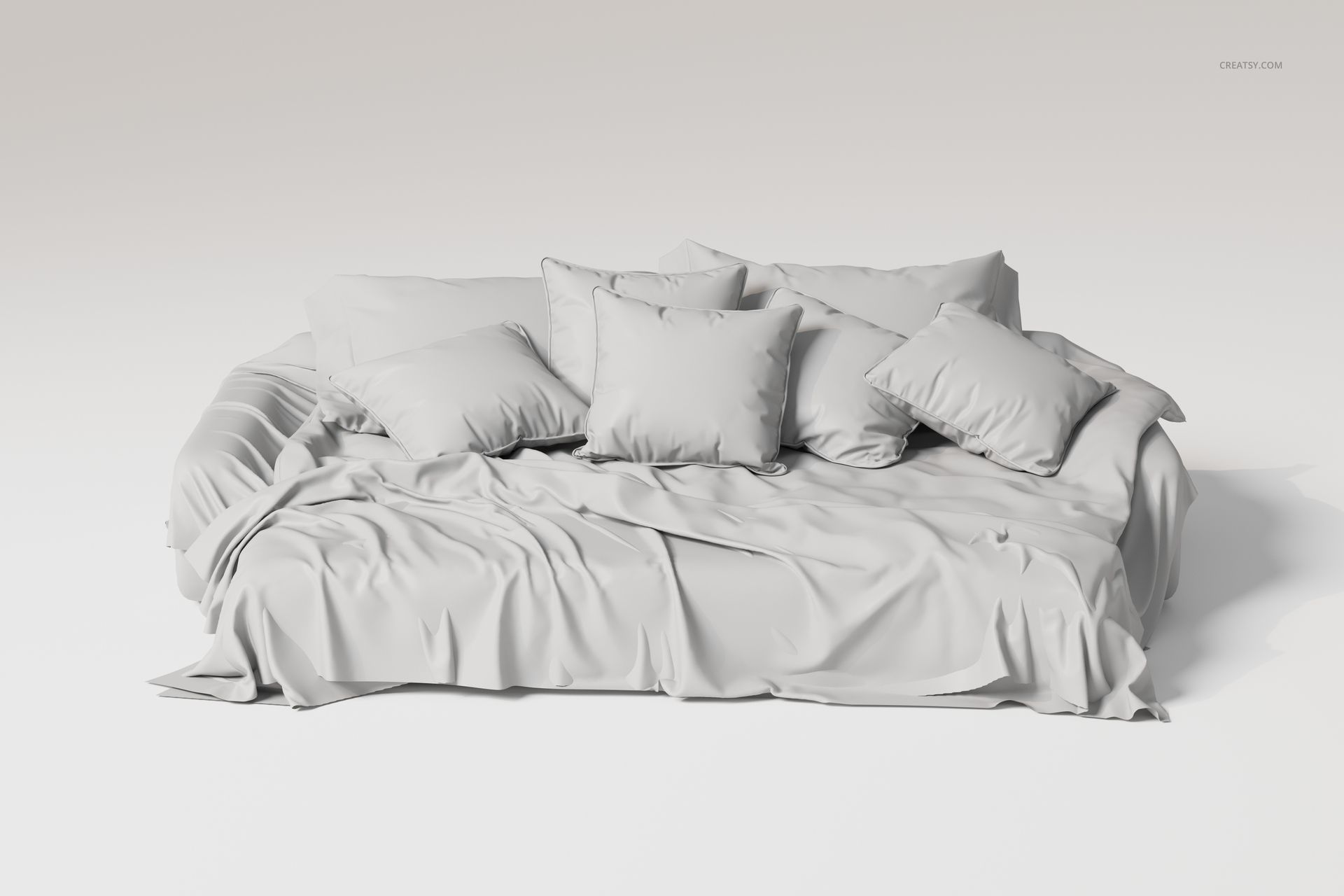 Front view of a luxury bedding set 3D model featuring multiple pillows and a draped comforter in light gray tones.