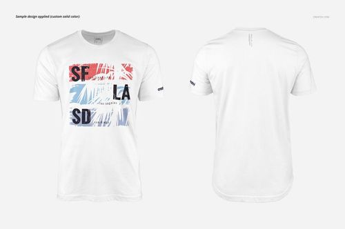 Men's t-shirt mockup showing a white shirt with abstract blue and red print, displayed from front and back angles.